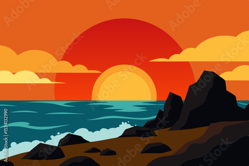 Golden sun dips below the horizon, painting the sky orange and red over the tranquil sea and sandy beach