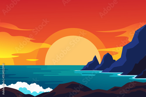 A beautiful sunset over the ocean paints the sky with vibrant hues, illuminating the coast and reflecting on the water