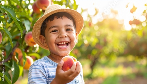 Happy child eating a peach in the garden.