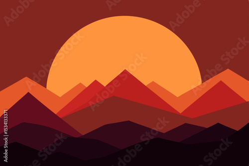 Mountain landscape vector illustration with a vibrant sunset or sunrise sky
