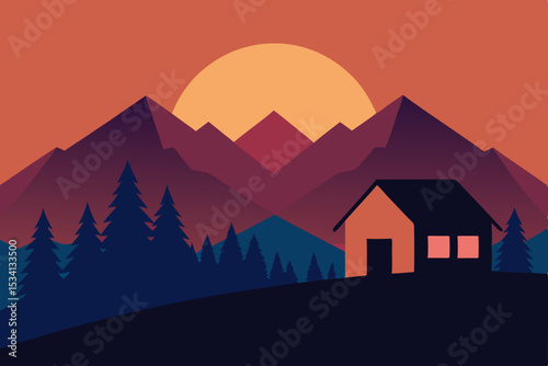 Winter mountain landscape with a breathtaking sunset view and a touch of morning mist