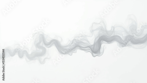 A wispy, elegant trail of dark grey smoke undulating across a pristine white background. The smoke forms a smooth, horizontal wave-like pattern, appearing delicate and ethereal.
