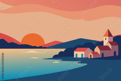 A picturesque church is nestled in the mountains, overlooking a serene landscape with a vibrant sunset sky