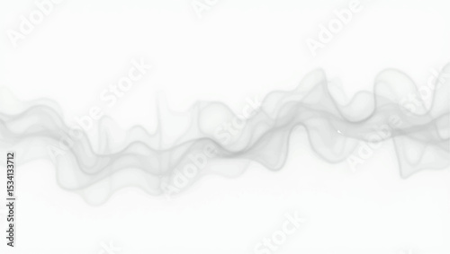 A wispy, elegant trail of dark grey smoke undulating across a pristine white background. The smoke forms a smooth, horizontal wave-like pattern, appearing delicate and ethereal.