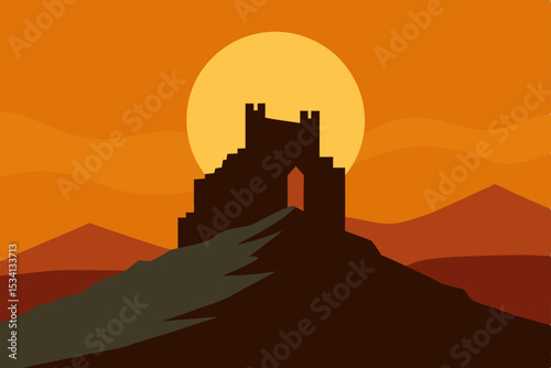 Golden European castle silhouette against a vibrant sunset sky