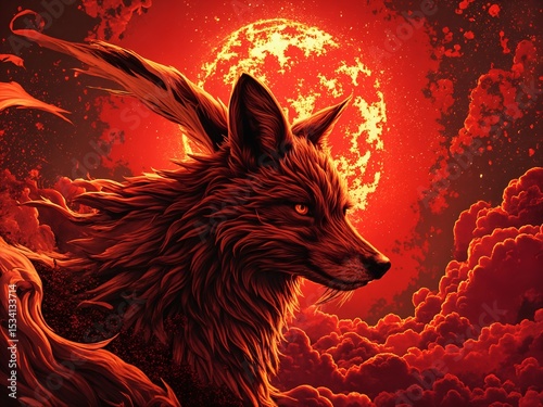 Action anime fox pattern, dynamic splashes, dramatic lighting, intense red and gold palette, samurai influence.