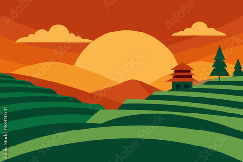 Mountainous summer landscape vector illustration with a vibrant sky and sun