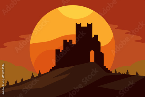 An urban European cityscape at dusk with a stunning red and orange sunset behind a medieval castle silhouette and building towers