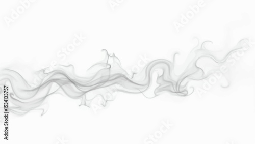 A wispy, elegant trail of dark grey smoke undulating across a pristine white background. The smoke forms a smooth, horizontal wave-like pattern, appearing delicate and ethereal.