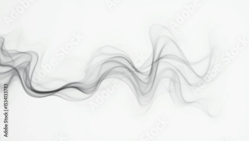 A wispy, elegant trail of dark grey smoke undulating across a pristine white background. The smoke forms a smooth, horizontal wave-like pattern, appearing delicate and ethereal.