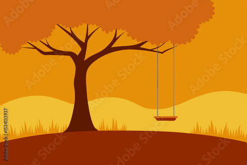 Vector illustration of a lonely tree silhouette at sunset in an autumn landscape