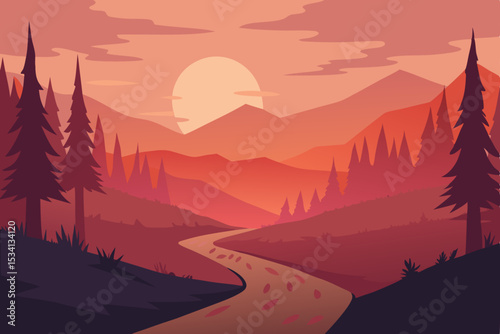A breathtaking mountain landscape unfolds at sunset, with a vibrant sky casting a golden hue over misty peaks and a serene forest