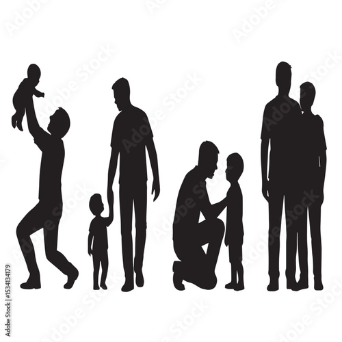 Fatherhood Silhouette: A poignant black and white silhouette depicts various stages of fatherhood, from playful interactions with a baby to a comforting embrace of a child.