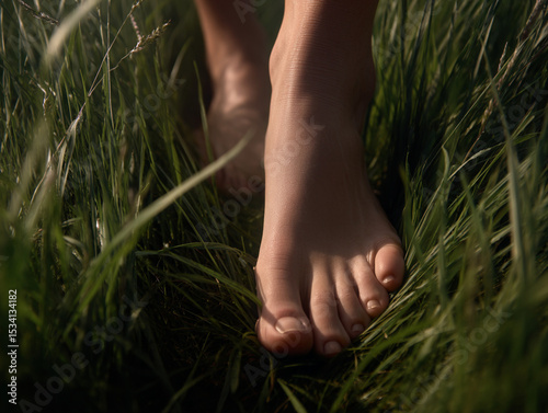 Focus on feet walking bright green grass.