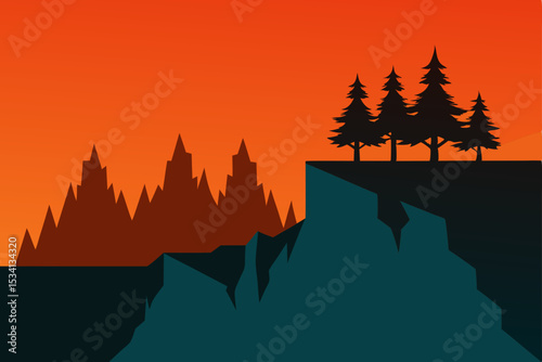 Mountain landscape at sunset or sunrise with forest and fog in the sky