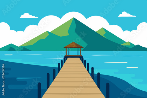 Golden sun setting over a tropical island beach with a wooden pier stretching into the blue ocean under a vast, cloud-filled sky