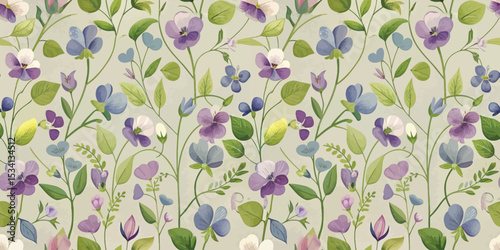 Vibrant floral pattern featuring purple and blue blossoms on a soft green background.