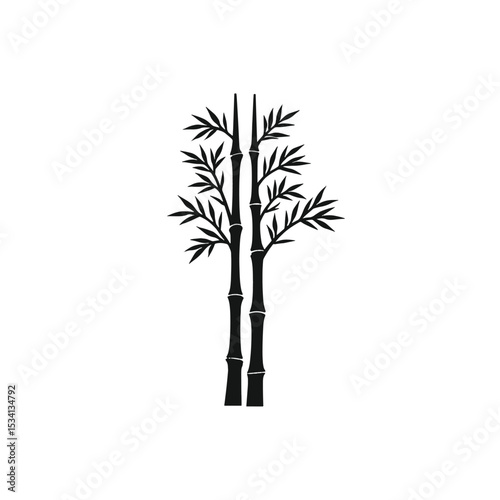 Black Silhouette Bamboo Tree Vector with Vertical Stalks and Pointed Leaves in Minimal Asian Style on White Background Full HD