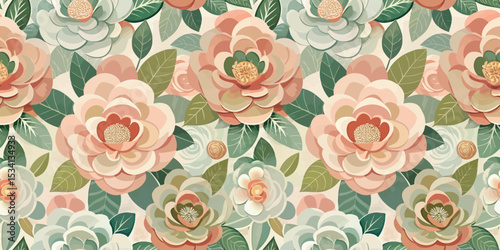 Floral pattern featuring soft pastel colors and lush green leaves.