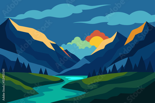 mountain landscape with lake and mountains