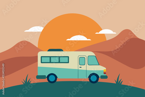 Retro cartoon family in a green automobile caravan traveling on a desert road under a summer sky