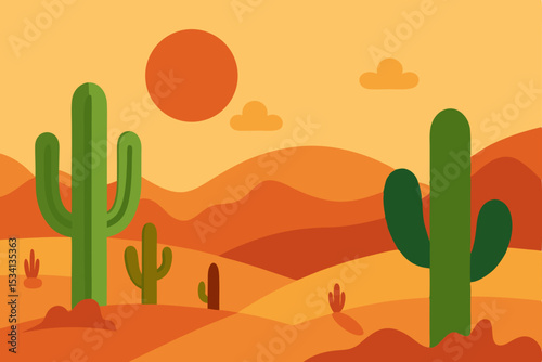 Vibrant Arizona desert landscape with towering saguaro cactus under a hot orange sunset sky