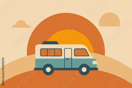 Vector illustration of various vehicles including a car, bus, car with caravan, truck, and van, ideal for transport and travel designs