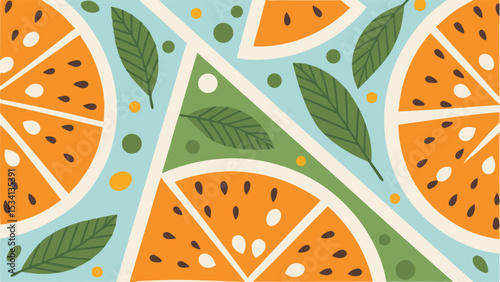 Slices of vibrant oranges dance with fresh green leaves capturing the zest of summer with a pastel
