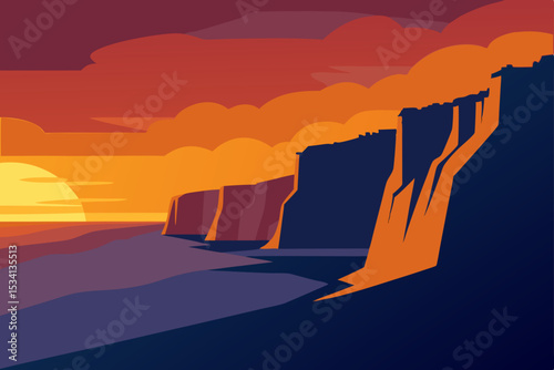 Vibrant sunset illuminates mountain and desert landscape with silhouette trees under an orange sky, a nature illustration