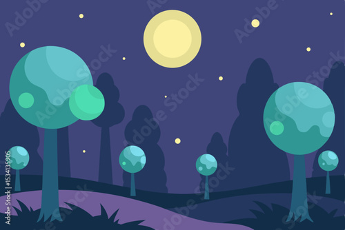 A vector illustration of a Christmas night sky landscape with a moon, stars, and silhouetted trees against a dark blue evening in a winter city