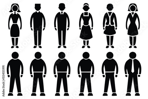 Vector icon set depicting men and women in different attire for various professions