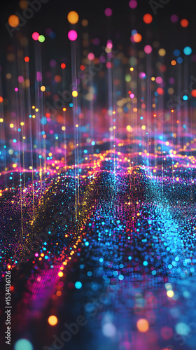 Vibrant digital landscape with glowing particles and light trails