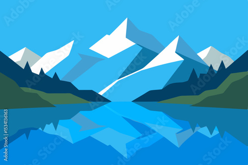 Mountain landscape vector illustration of nature's winter beauty, with snowy peaks, ice, and cold blue sky views