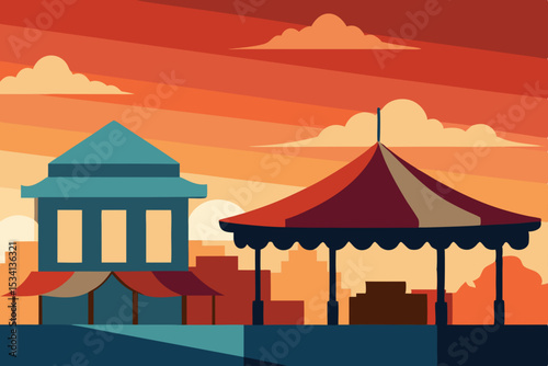 Vibrant cartoon vector illustration of a city and temple architecture with a circus tent under a summer sunset sky, perfect for travel and amusement park designs