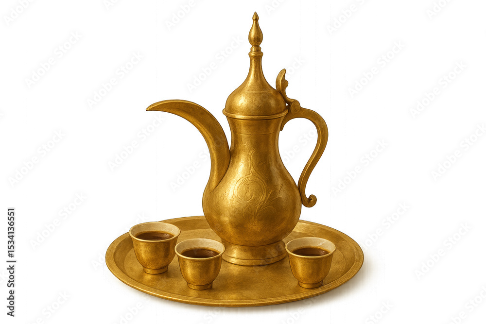 Golden tea set featuring teapot, cups, and saucers with intricate floral patterns, elegantly shimmering, isolated on transparent background. Golden tea set featuring teapot, cups, and saucers with intricate floral patterns, elegantly shimmering, isolated on transparent background.