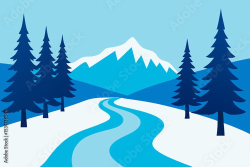 Snowy winter forest landscape with frosty trees under a cold blue sky