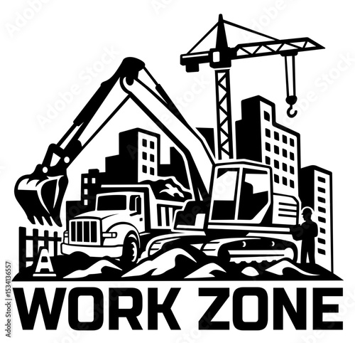 Construction site SVG, Excavator SVG, Dump truck SVG, Work zone SVG