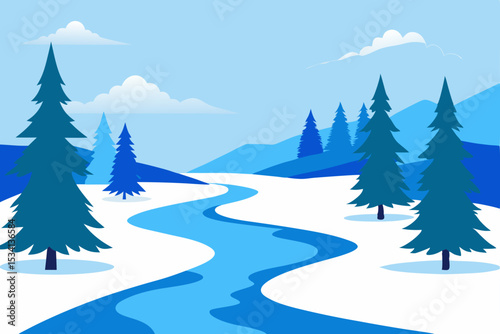 Winter wonderland forest landscape with snowy trees and a cold blue sky