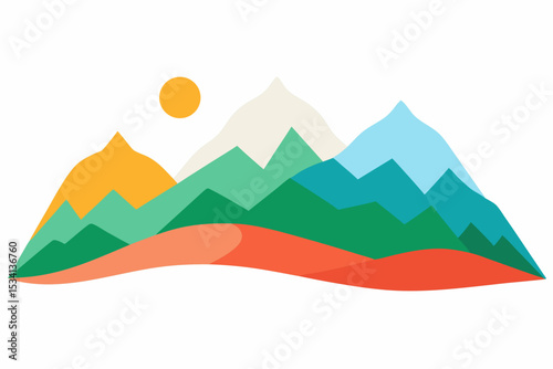 Mountain landscape vector illustration featuring nature, sky, and sun for a serene summer travel scene