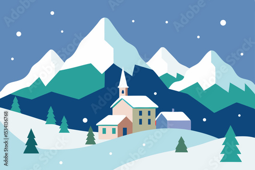 Winter wonderland landscape with charming snow covered houses and festive Christmas trees