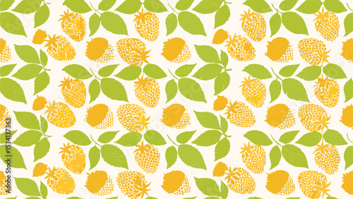 Golden raspberry harvest pattern brings a taste of summer with fresh green leaves flat vector design