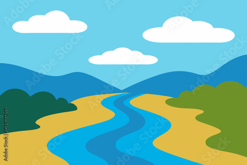 Blue sky summer landscape with green grass, water, and distant mountains or hills
