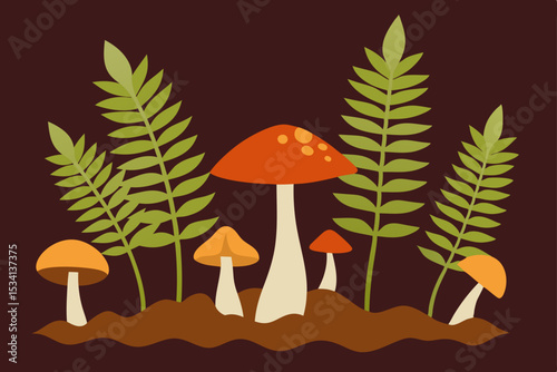 Autumn mushrooms in the tropical forest, a vector illustration of a summer island paradise with palm trees, sun, sea, and beach