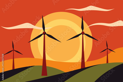 Sunset bathes a wind farm with turbines generating green energy under a vast blue sky, showcasing renewable technology in harmony with nature