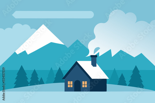 Winter mountain landscape with a cozy village house and snow-covered trees