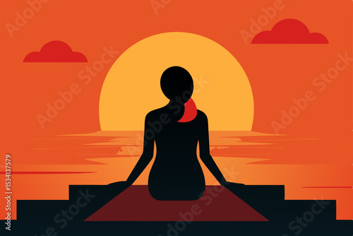 Woman meditating in lotus pose silhouette at sunset
