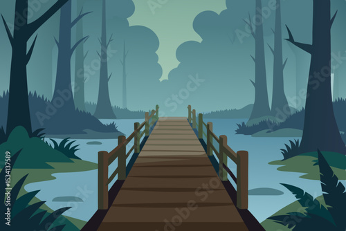Misty morning forest path leading to a tranquil lake with a wooden pier under a soft sky