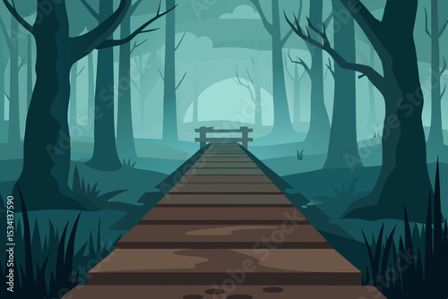 A mysterious wooden walkway winds through a foggy forest on a green morning