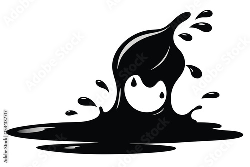 Abstract Illustration Black Glossy Liquid Splatter with Droplets Flowing and Pooling Down