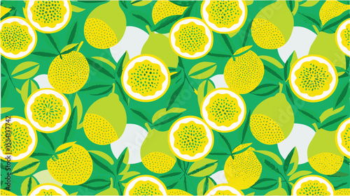 A vibrant passion fruit orchard in full bloom with bright yellows vivid greens and playful retro
